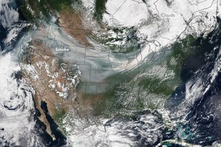 The Suomi NPP satellite captured this view of massive smoke plumes sweeping across the U.S. as wildfires blaze in Northern California.