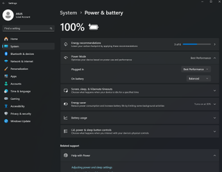 Power and battery settings menu in Microsoft Windows 11