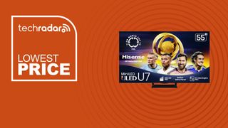 The Hisense U7N on an orange background with text saying Lowest Price.