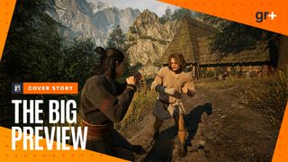 Coen fist fights a lad in the daytime in The Blood of Dawnwalker, with the orange GamesRadar+ Big Preview frame for the cover story