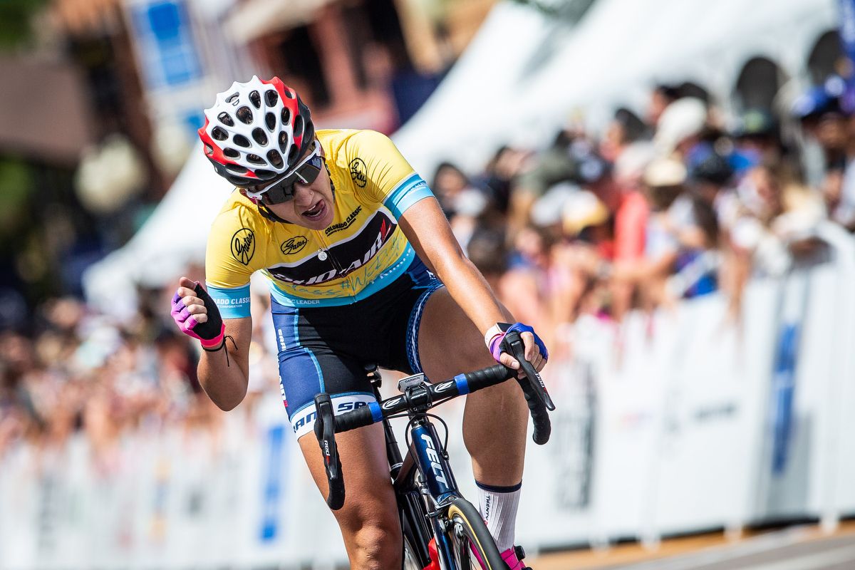 Chloe Dygert (Sho-Air Twenty20) crosses the line to win stage 3 of the Colorado Classic on August 24, 2019 in Golden, Colorado.