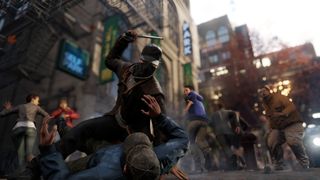 Watch Dogs - Aiden attacks someone lying on the ground as a crowd disperses behind him