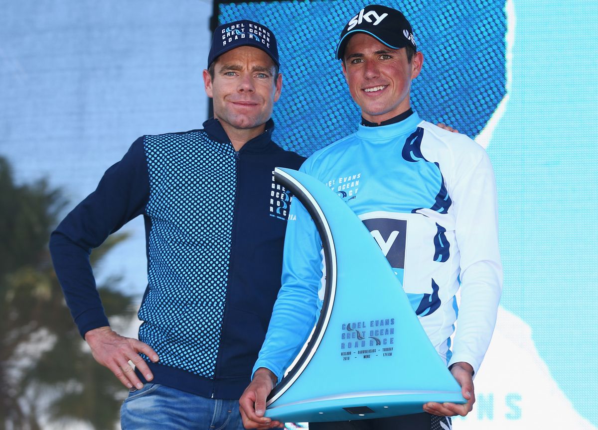 Cadel Evans with the 2016 winner of his race, Peter Kennaugh (Team Sky)