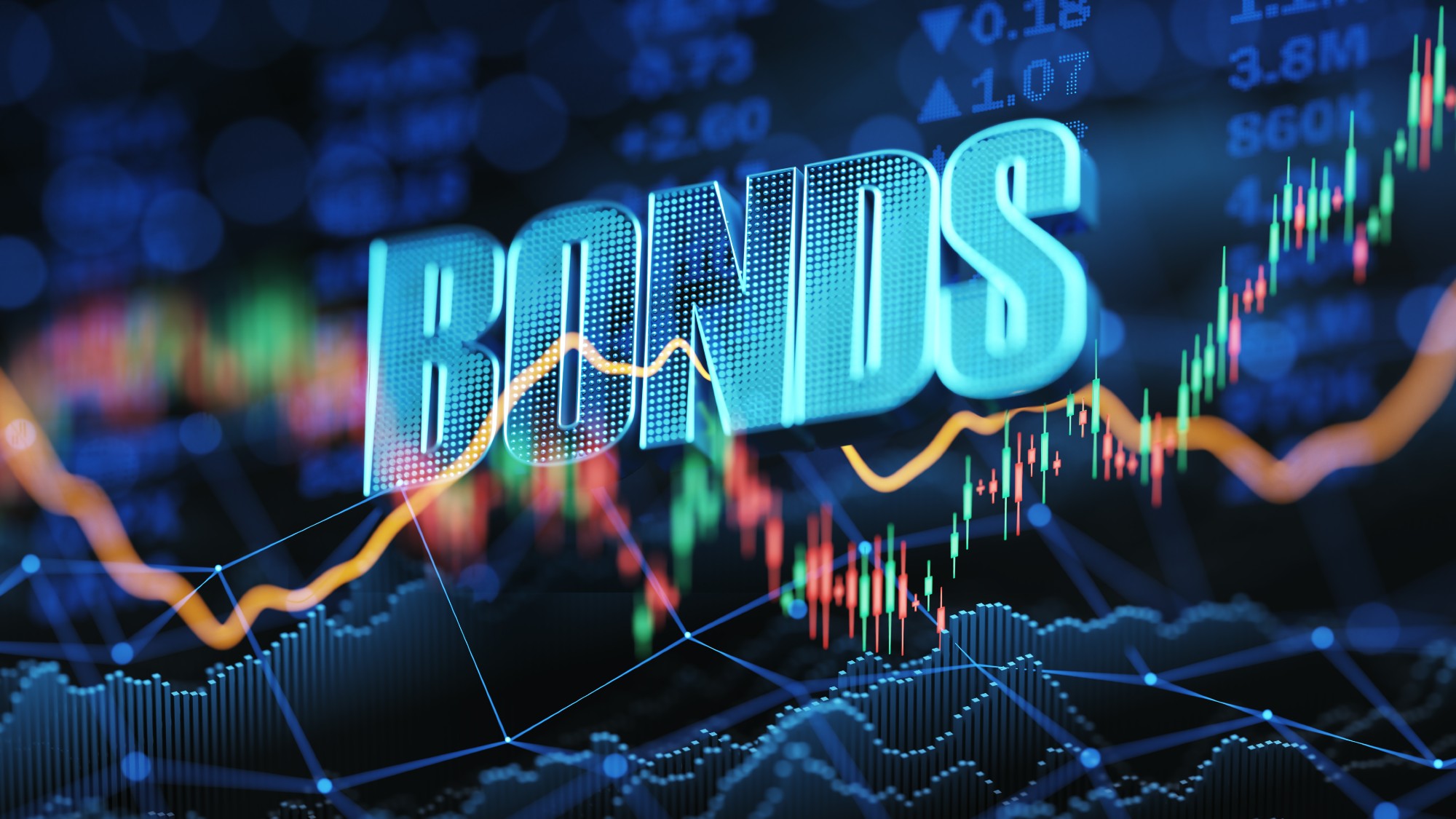 Illustration feature "bonds" text with financial charts and market data behind it