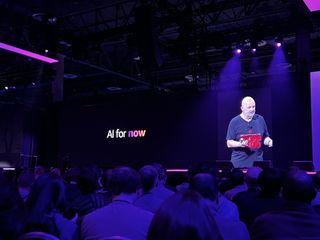 "AI for now" displayed on screen during Dr Werner Vogels' keynote speech at AWS re:Invent 2023