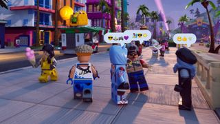 A screenshot from Lego Fortnite Brick Life showing a player walking down a busy city street.