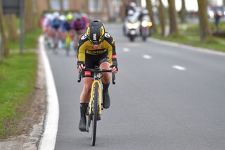 WEVELGEM BELGIUM MARCH 28 Anna Henderson of United Kingdom and Team Jumbo Visma during the 10th GentWevelgem In Flanders Fields 2021 Womens Elite a 1417km race from Ypres to Wevelgem Breakaway GWE21 GWEWomen FlandersClassic UCIWWT on March 28 2021 in Wevelgem Belgium Photo by Luc ClaessenGetty Images