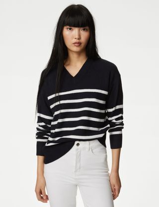 Air-Yarn Striped V-Neck Jumper