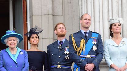 Prince Harry Meghan Markle Prince William Kate Middleton and the Queen - watch the RAF 100th anniversary flypast from the balcony of Buckingham Palace on July 10, 2018