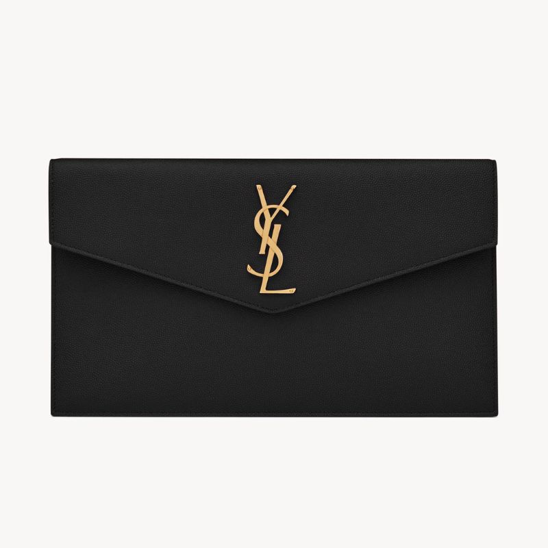 black clutch with YSL in gold on the front