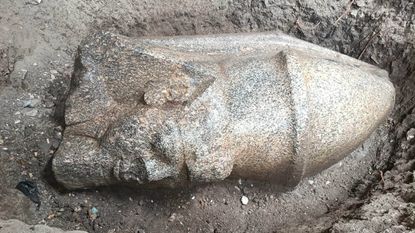 The head of a statue lying horizontally on the ground. It shows a man wearing a pointy hat. 