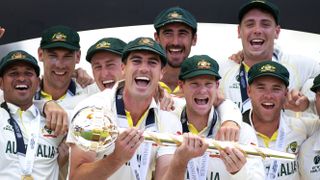 Australian players celebrate winning the 2003 World Test Championship with the mace awarded to the winners 