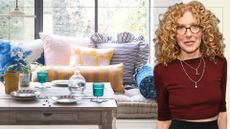 Composite image of bench seating with cushions with a headshot of interior designer Kelly Hoppen