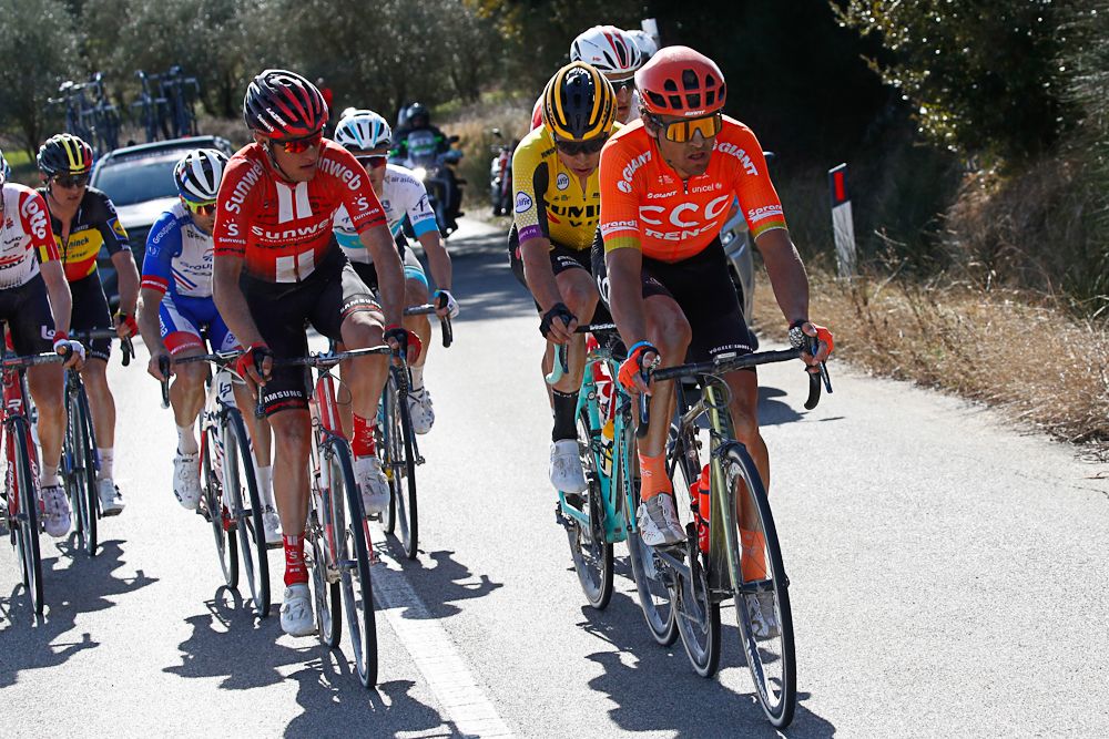 Greg van Avermaet leads a chase group during Strade Bianche