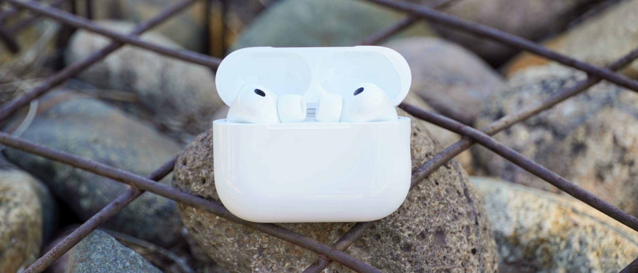 The AirPods Pro 3 with their charging case at a park.