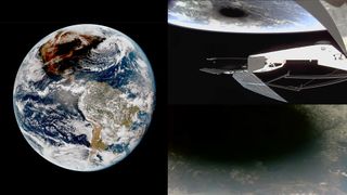 two pictures side by side. at left is the earth covered by a shadow on north america. at right is the side of a satellite with the moon's shadow visible below