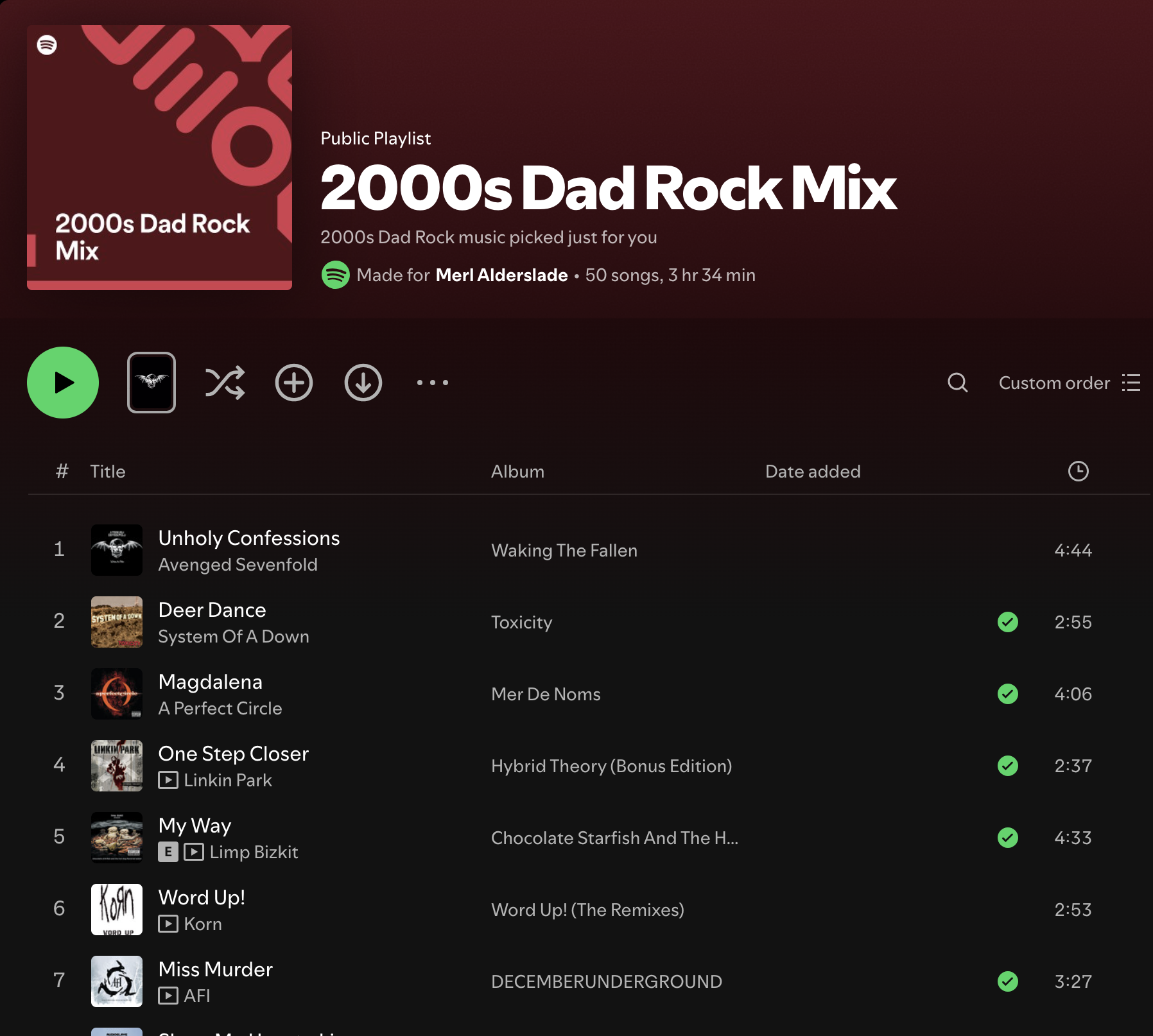 A Spotify playlist for 2000s Dad Rock featuring Avenged Sevenfold, System Of A Down and more