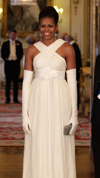 Michelle Obama poses in the Music Room of Buckingham Palace ahead of a State Banquet on May 24, 2011 in London, England