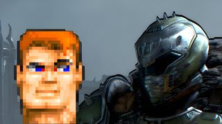 A composition image showing the player character's head from 1992 Wolfenstein 3D next to Doomguy from 2025 Doom: The Dark Ages