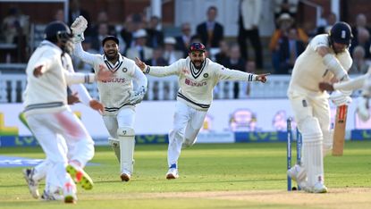 India’s Rishabh Pant and Virat Kohli celebrate the wicket of James Anderson 