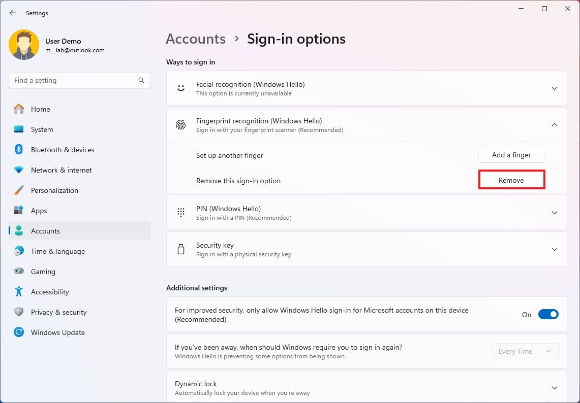 Windows Hello remove fingerprint