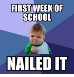 Meme: Baby making fist with the words First Day of School: Nailed It
