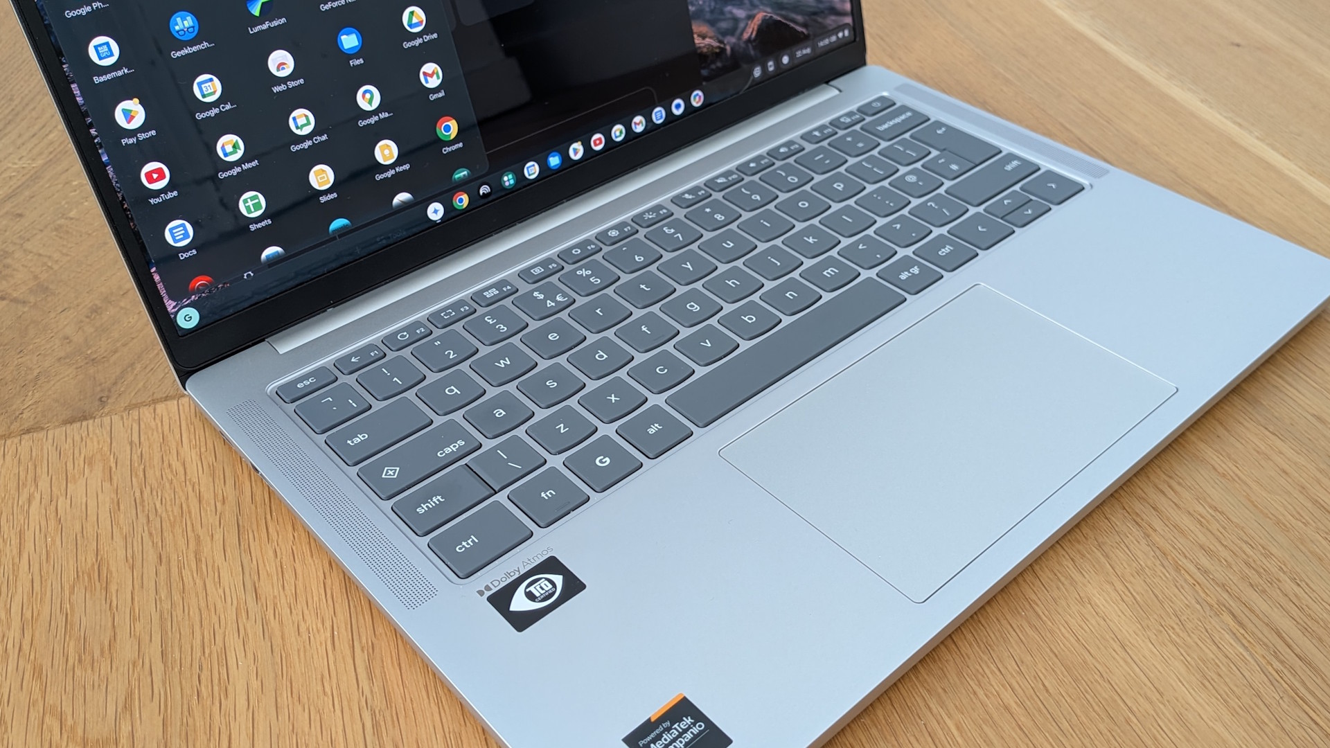 The Lenovo Chromebook Plus 14 on a desk