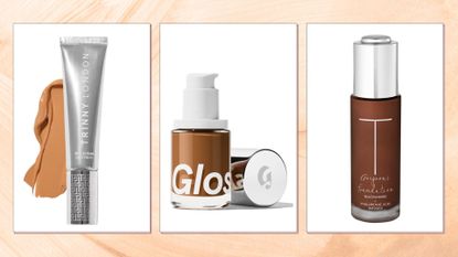 Collage of best lightweight foundations (L-R), Trinny London, Glossier, Trish McEvoy with a beige swirly background