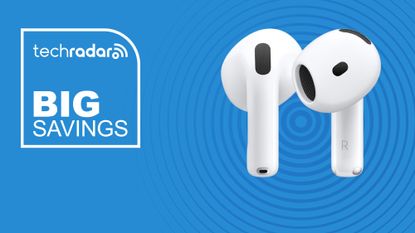 The Apple AirPods 4 on a blue background with text saying Big Savings.