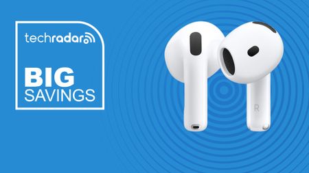 The Apple AirPods 4 on a blue background with text saying Big Savings.