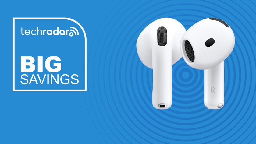 The Apple AirPods 4 on a blue background with text saying Big Savings.