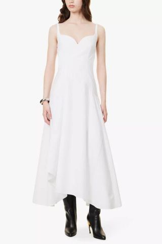 Asymmetric sweetheart-neck cotton-poplin midi dress