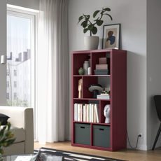 IKEA brown red KALLAX unit in modern living room.