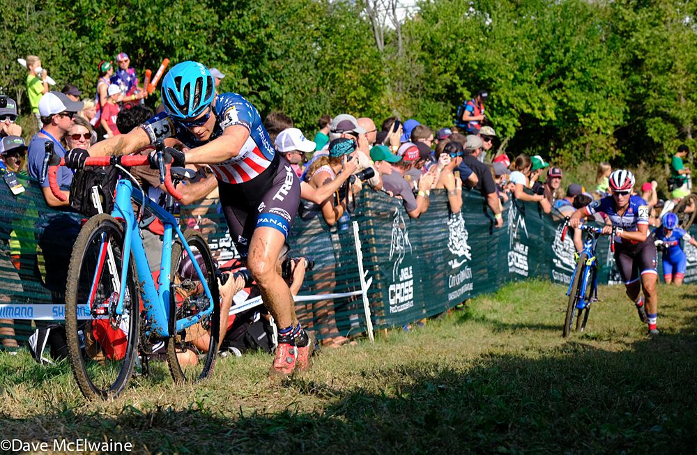 Katie Compton (USA) leading Caroline Mani (FRA) after Nash had a mechanical