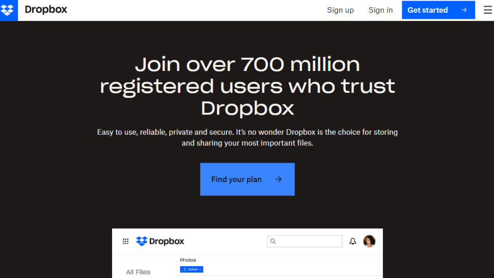 Tangkapan layar situs web untuk Dropbox