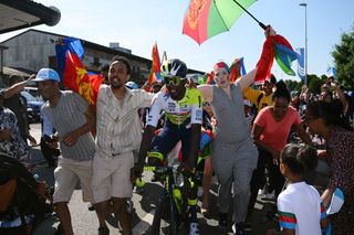 NOTTWIL SWITZERLAND JUNE 12 Stage winner Biniam Girmay of Eritrea and Team IntermarchCircusWanty reacts after the 86th Tour de Suisse 2023 Stage 2 a 1737km stage from Beromnster to Nottwil UCIWT on June 12 2023 in Nottwil Switzerland Photo by Dario BelingheriGetty Images