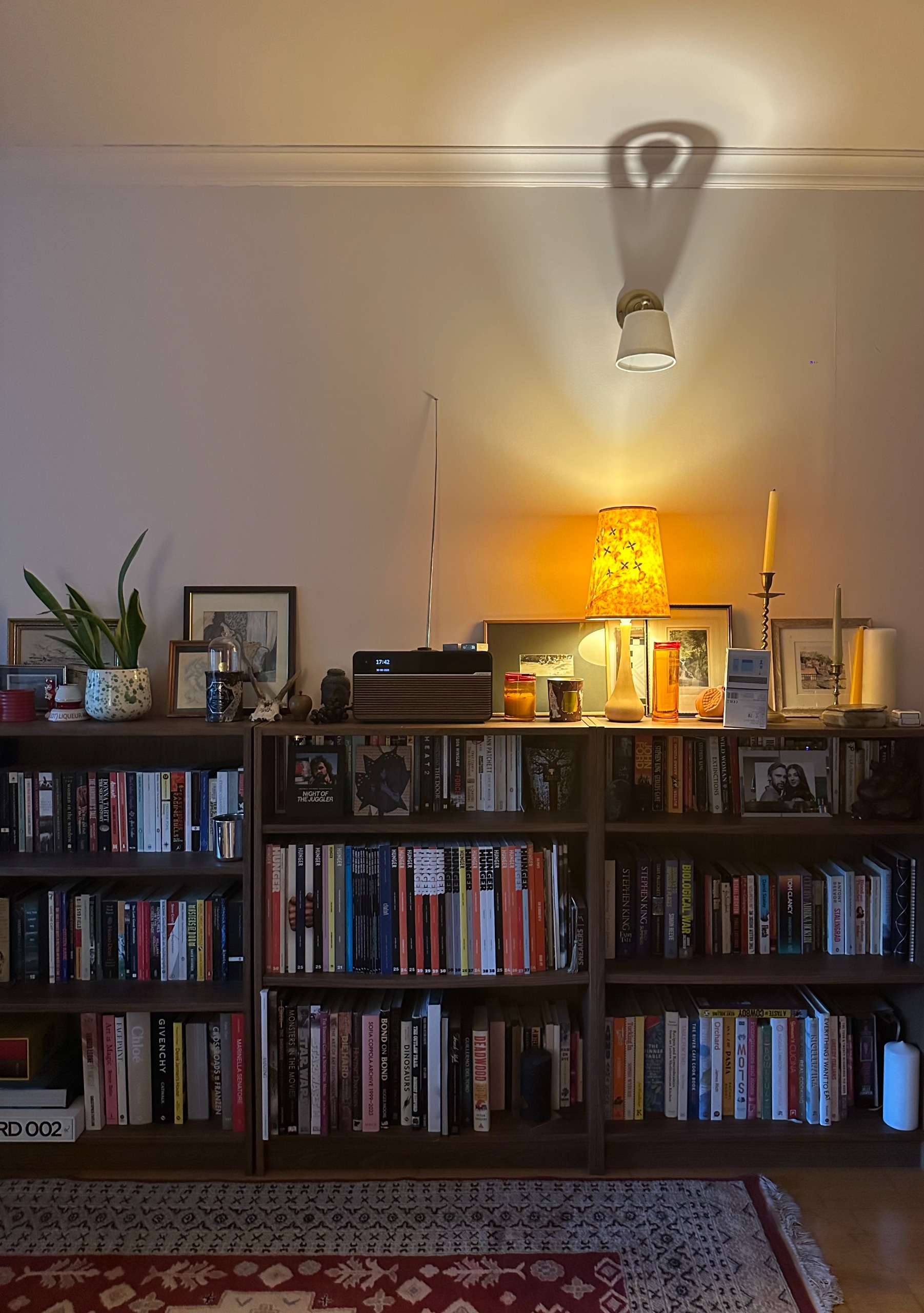 A living room's wooden shelves, stacked with colorful volumes, objects, lamps, and candles, overlooking a rug.