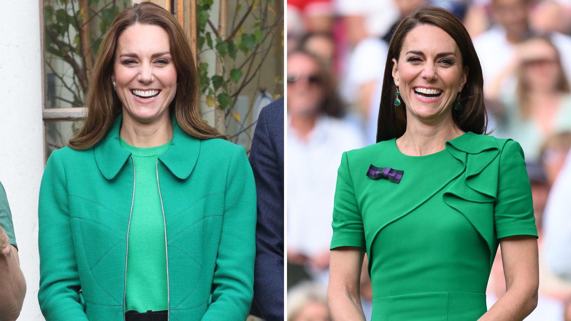 A composite of pictures of Kate Middleton wearing a similar bright green shade on two separate occasions
