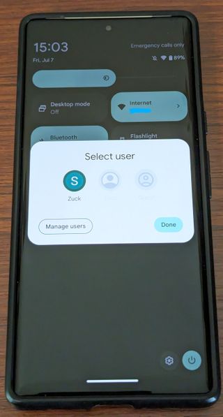 User switcher in Android 14 on a Pixel