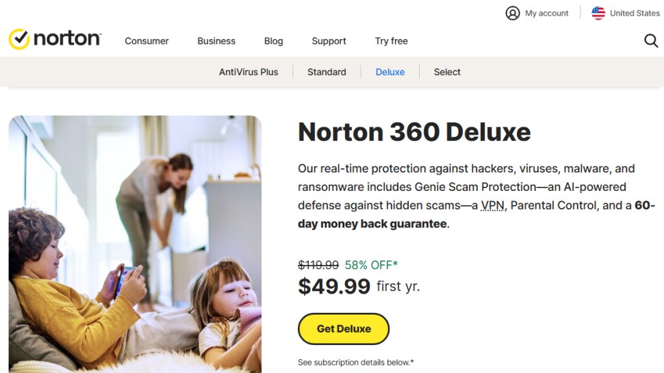 Website screenshot of Norton 360 Deluxe (August, 2025)