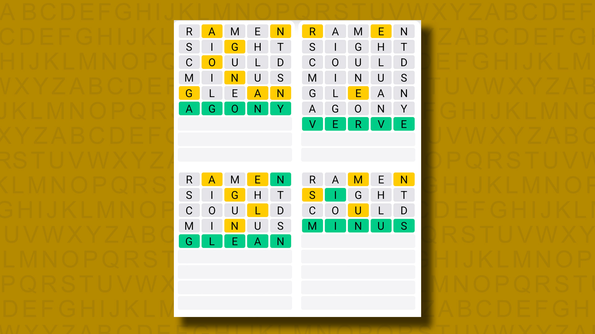Quordle answers for game 1277 on a yellow background