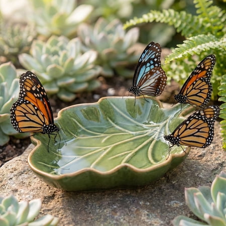 Plppyfs Butterfly Watering Station, Outdoor Ceramic Bee Feeder - Leaf Shaped Butterfly Watering Puddler - Insects Bowl Water Tray for Wildlife Home Yard Garden Lawn Decor Gifts (7x5 In)