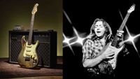 Rory Gallagher's 1961 Stratocaster, and a picture of Rory playing it