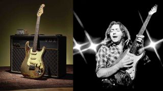 Rory Gallagher's 1961 Stratocaster, and a picture of Rory playing it