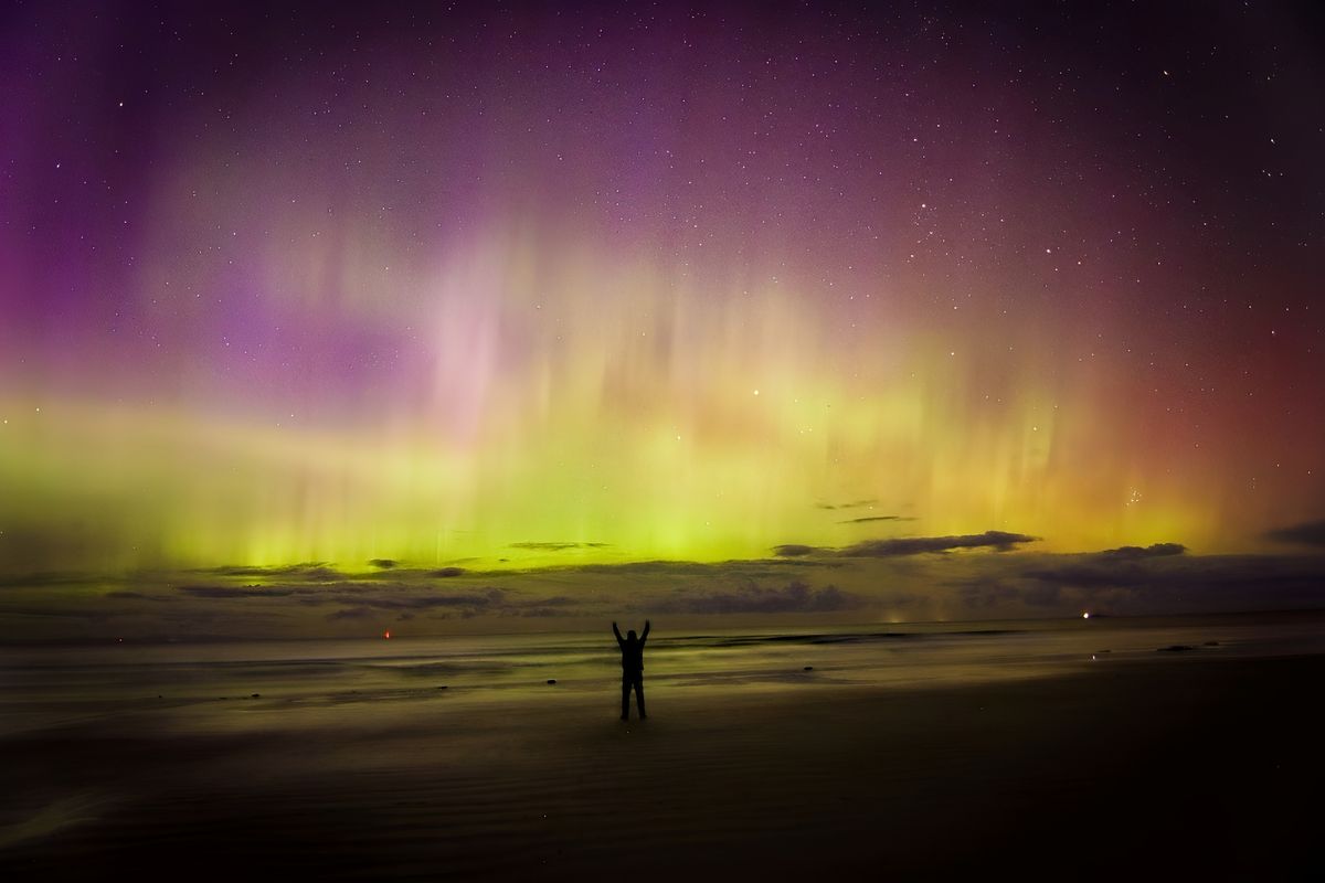 Northern lights above Lossiemouth West Beach, Moray, Scotland, photographed by Stephen Howells