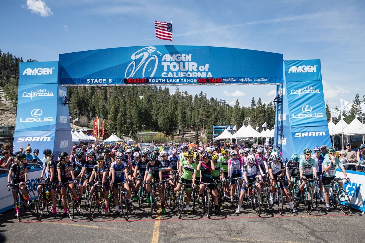 Riders on the start line in Tahoe for the 2016 Women's Tour of California