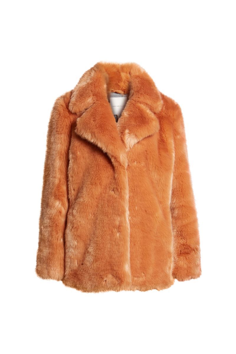 Clothing, Fur, Fur clothing, Outerwear, Orange, Coat, Skin, Jacket, Tan, Sleeve,