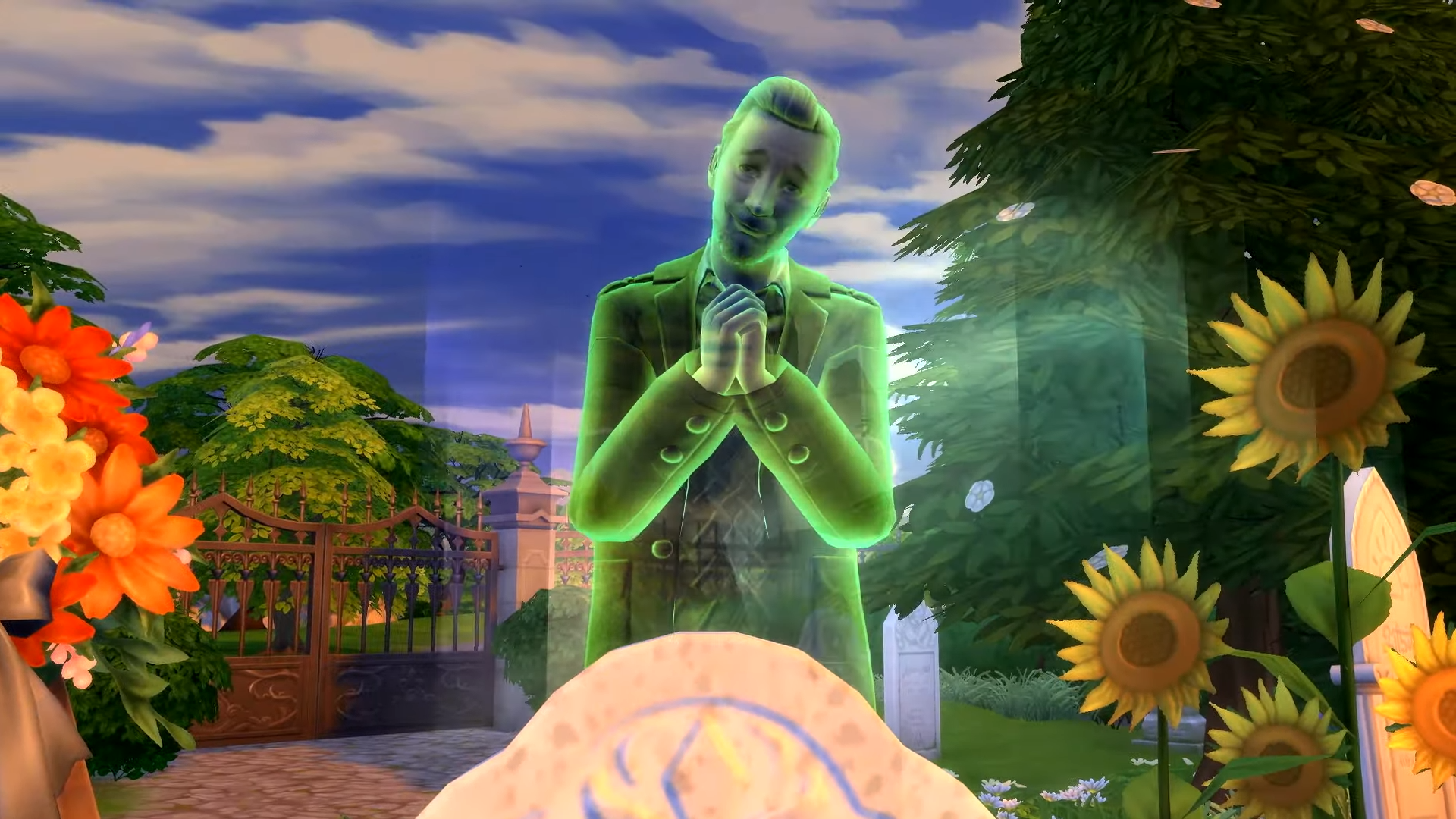 The Sims 4 Life & Death - a ghost sim stands behind his grave