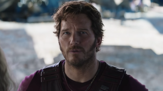 Chris Pratt looking at the Guardians as Star-Lord in Thor: Love and Thunder