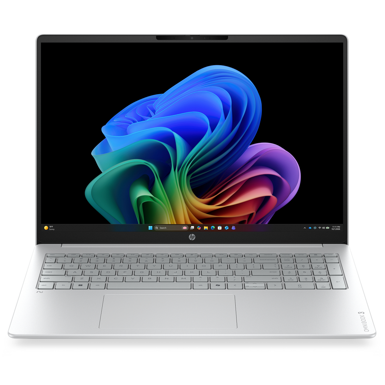 HP OmniBook 3 16" silver laptop sitting open against a white background.